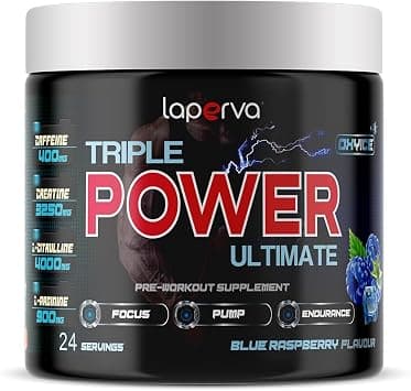 Laperva Triple Power Ultimate Pre-Workout- Maximize Muscle Pump, Enhance Focus with Beta-Alanine, Caffeine, Citrulline Malate, Creatine, and Essential Vitamins (24 Servings, Blue Raspberry) على Amazon.ae - متتبع الأسعار