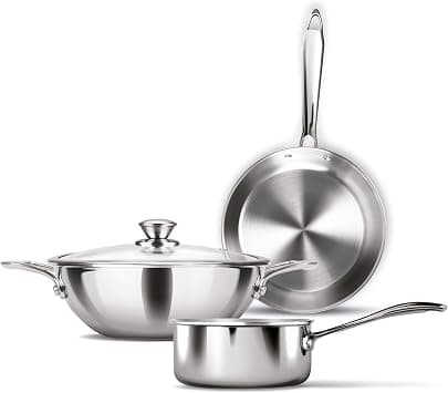 MILTON Pro cook Procook Triply Induction Base Cookware Set of 3 Stainless Steel |Sauce Pan 14 cm, Fry Pan 24 cm, Kadhai 24 cm with Glass Lid 24 cm, Silver | Dishwasher Safe | Food Safe | Flame Safe on Amazon.ae - Price Tracker