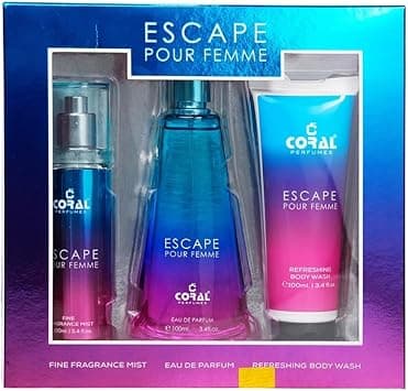 Coral Escape Pour Femme Gift Set For Women | Eau De Parfum, Fragrance Mist, Bodywash (100ml Each) | Luxurious & Long-Lasting Fruity Floral Scent | Perfume Set by Coral Perfumes على Amazon.ae - متتبع الأسعار
