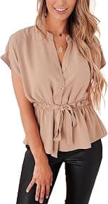Womens Button Down Blouses Casual Peplum Summer Tops Dressy Chiffon Work Blouse - Best Deal Finder