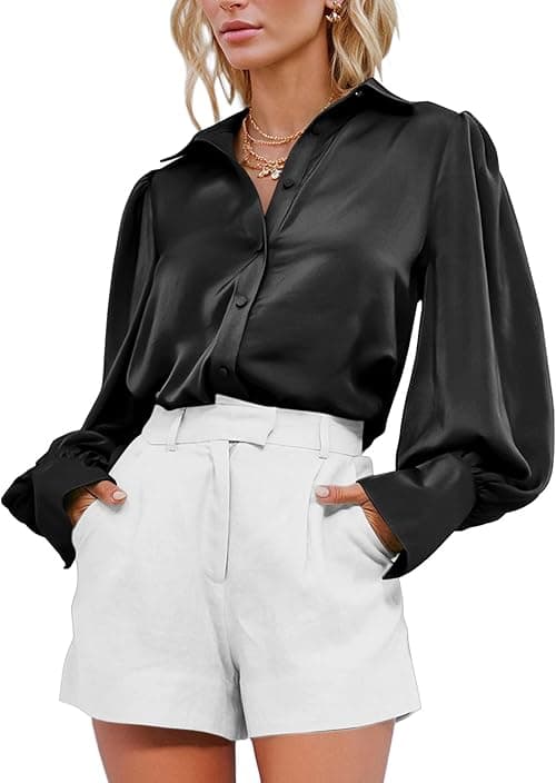 BTFBM Women's Satin Button Down Shirts Summer Fall Lantern Long Sleeve Lapel V Neck Blouse Loose Casual Office Work Tops on Amazon.ae - Price Tracker