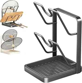 Pot Lid Organiser Stand with Removable Drip Tray, Double-Layer Carbon Steel Pot Lid Rack, Countertop Saucepan Lid Storage Holder for Kitchen Utensils (Grey) on Amazon.ae - Price Tracker