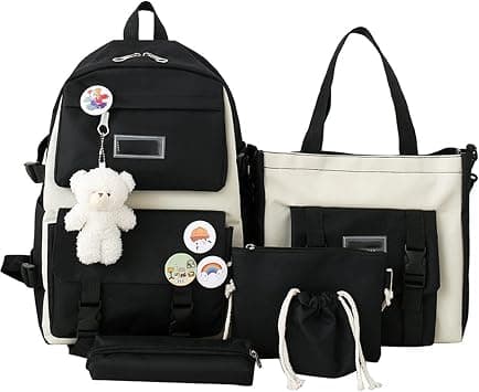 Kawaii Backpack 5pcs Set Aesthetic School Bags, Japanese Backpack with Badge & Pendant, Backpack Cute Aesthetic (B-Black), unisex على Amazon.ae - متتبع الأسعار