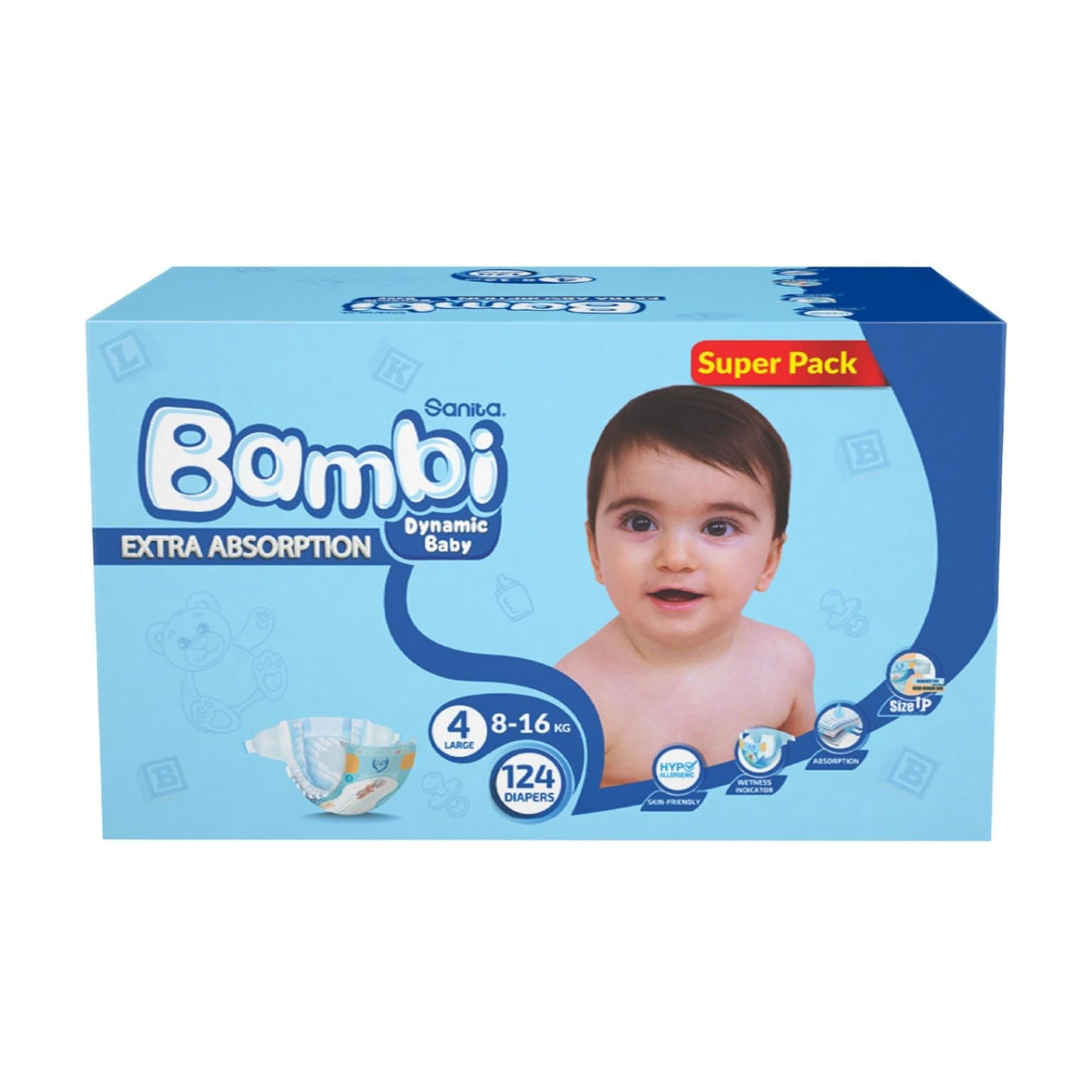 Sanita Bambi Baby Diapers, Size 4, 8-16 kg, Skin-Friendly with Hypoallergenic Inner layer, Wetness Indicator, Leakage Protection & Comfort - Super Pack, 124 Count on Amazon.ae - Price Tracker