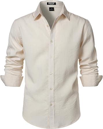 JEMITOP Men's Stretch Linen-Like Long Sleeve Button Down Shirts Casual Beach Wedding Dress Shirt على Amazon.ae - متتبع الأسعار
