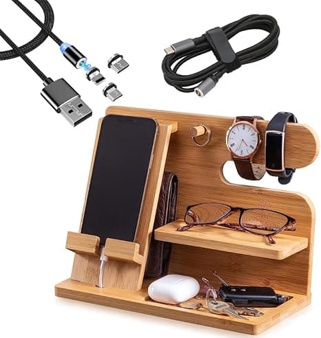 Bamboo Multiple Device Docking Station with Free Charging Cable - Desktop Docking Station Organizer for Cellphone, Smart Watch, Tablet - Multipurpose Organizer Gift by Hail on Amazon.ae - Price Tracker