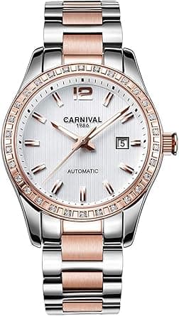 Women's Diamond Automatic Mechanical Rose Gold Stainless Steel Sapphire Waterproof Lady's Elegant Blue Watch on Amazon.ae - Price Tracker