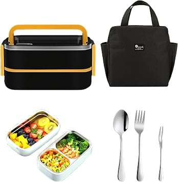 Stainless Steel Bento Box Set for Office Men/Women,Insulated Lunch Box for Kids/Adult with Bag Cutlery,Microwave Safe Lunch Container for School 2 Layers BPA-Free Leak-Proof Hidden Handle,Black على Amazon.ae - متتبع الأسعار
