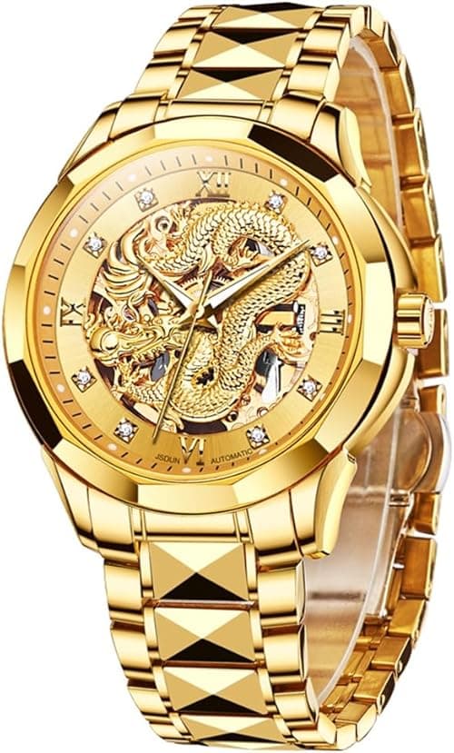 OLEVS Watches for Men Gold Automatic Watches Mens Dragon Skeleton Mechanical Luxury Watch Business Dress with Tungsten Steel Luminous 160FT Waterproof Diamond Fashion Wrist Watch Gold on Amazon.ae - Price Tracker