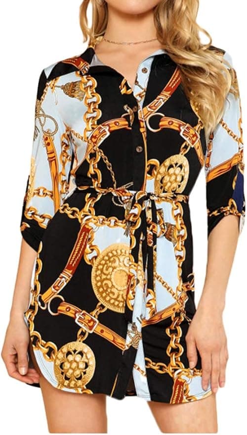 OLUOLIN Womens Floral Print Button Down Lapel Collar Retro Long Sleeve T Shirt Dress Blouse Mini Dress on Amazon.ae - Price Tracker