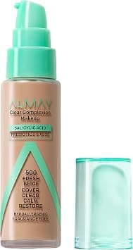 Almay Clear Complexion Acne Foundation Makeup with Salicylic Acid - Lightweight, Medium Coverage, Hypoallergenic, Fragrance-Free, for Sensitive Skin, 500 Fresh Beige, 1 fl oz. - Best Deal Finder