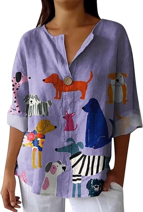 Ladies Cotton Linen Floral Print Button V Neck Short Sleeve Tops Women UK Summer Plus Size Casual Loose Fit Blouse Streetwear on Amazon.ae - Price Tracker