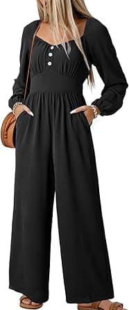 Dokotoo Jumpsuits for Women 2025 Fall Long Sleeves Square Neck Button Decoration Rompers Overalls with Pockets on Amazon.ae - Price Tracker