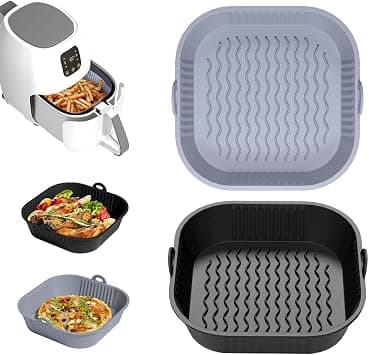 Bukela 2 Pack 8 Inch Silicone Air Fryer Liner Square, Reusable Airfryer Liners, Silicone Air Fryer Accessories, Baking Tray Basket for Ninja, COSORI, Philips (Gray & Black) on Amazon - Best Deal Finder