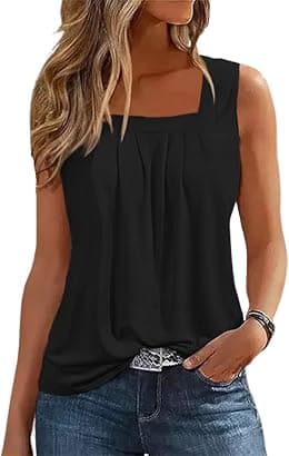 Pleated Square Collar Tank Top for Women Casual Summer Tops Loose Fit Sleeveless Shirts 2023 Trendy Blouses Color Block - Best Deal Finder