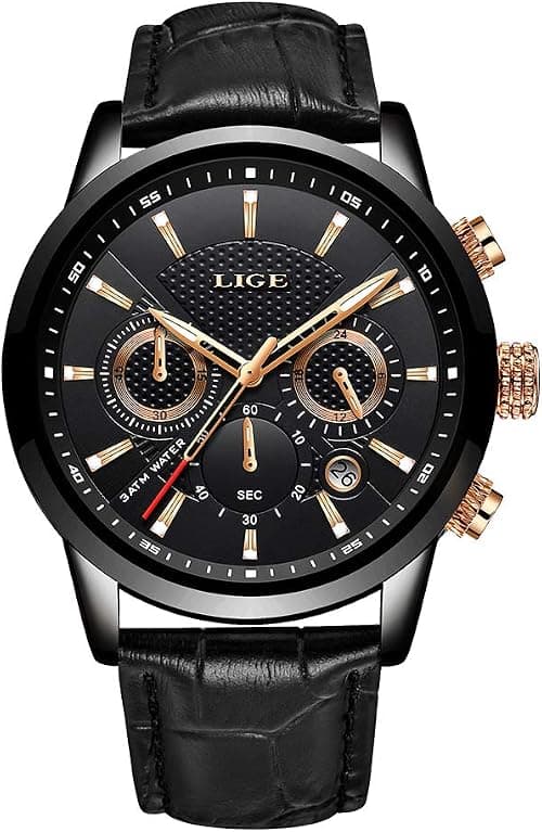 LIGE Men's Fashion Chronograph Waterproof Analog Quartz Stainless Steel Casual Leather Wrist Watches on Amazon.ae - Price Tracker