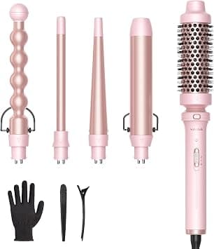 Wavytalk 5 in 1 Curling Iron,Curling Wand Set with Curling Brush and 4 Interchangeable Ceramic Curling Wand(0.5”-1.25”),Instant Heat Up,Include Heat Protective Glove & 2 Clips (Pink) على Amazon.ae - متتبع الأسعار