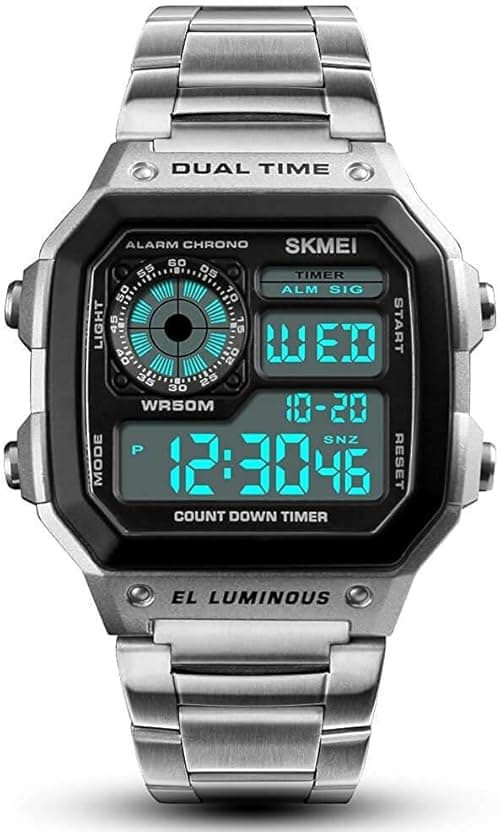 Men Sports Watches Waterproof Countdown 12/24 Hour Stainless Steel Watch Alarm Date Male Boys Digital Wristwatches EL Luminous (Silver) on Amazon.ae - Price Tracker