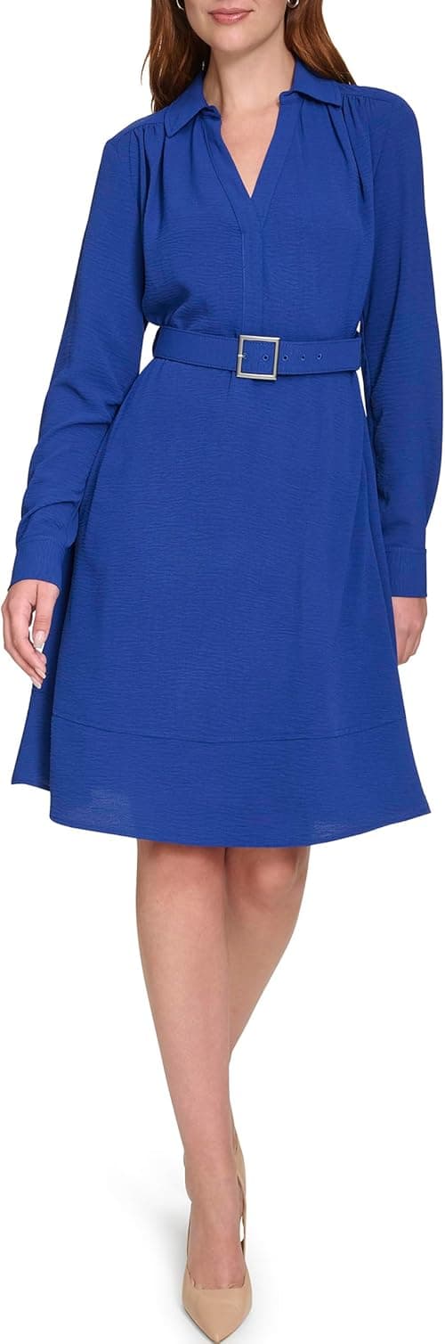 Calvin Klein womens Long Sleeve Belted Casual Collared Aline Dress Dress on Amazon.ae - Price Tracker