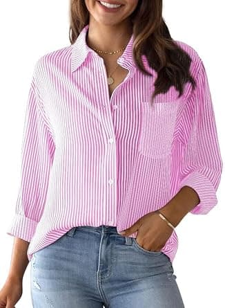 hathne Women's Button Down Striped Shirts Casual V-Neck Long Sleeve Stripes Business Blouses with Pocket on Amazon.ae - Price Tracker