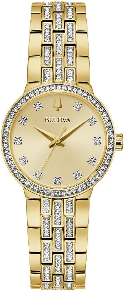 Bulova Ladies Crystal Quartz Box Set Watch 29mm Gold-Tone Stainless Steel Case and Bracelet with Champagne Dial (98X133) على Amazon.ae - متتبع الأسعار