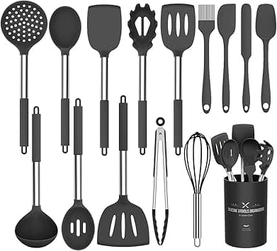 Umite Chef Silicone Cooking Utensil Set, 15pcs Silicone Cooking Kitchen Utensils Set, Non-stic - Best Kitchen Cookware with Stainless Steel Handle - Black on Amazon.ae - Price Tracker