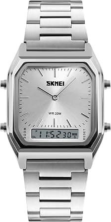 Gosasa women Men Square Multifunction Stopwatch Dual Display Wristwatches Stainless Steel Strap Analog Sports Watches on Amazon.ae - Price Tracker
