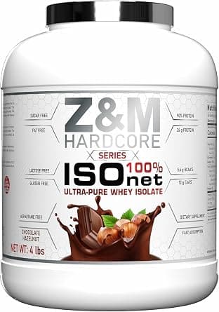 Z&M Hardcore ISO 100% Whey Isolate Protein Powder, Chocolate Hazelnut, 4 lb (1.81 kg), 26g Protein, 5.6g BCAAs, 12g EAAs, 90% Protein, Lactose Free, Gluten Free, Aspartame Free, 58 Servings على Amazon.ae - متتبع الأسعار