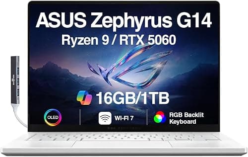 ASUS ROG Zephyrus G14 AI Gaming Laptop 14.0" ROG Nebula OLED 2.8K 500nits Display (AMD Ryzen 9 270, GeForce RTX 5060 8GB, 16GB LPDDR5X, 1TB SSD, RGB KYB, WiFi 7, Win 11 Pro) w/DKZ USB Port Expander على Amazon.ae - متتبع الأسعار