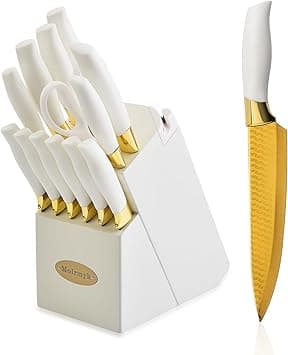 Knife Set, Non Stick Thick and Sharp Stainless Steel Kitchen Knives Set with Wood Block, 14 Pcs Cutlery Knives Block Set with Steak Knife, Bread Knife, Scissors, Chef Quality, White Handle Gold Blade on Amazon.ae - Price Tracker
