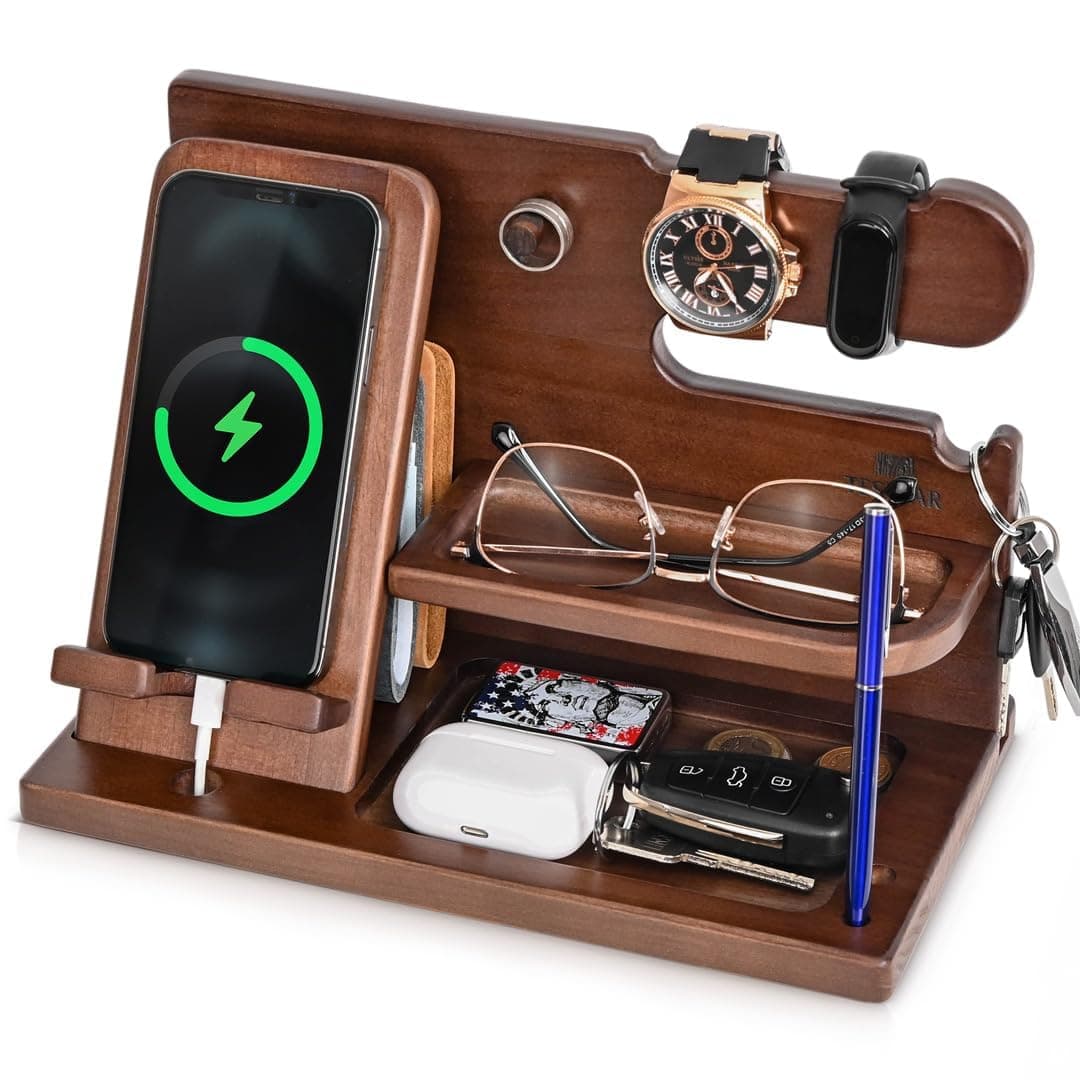 Wood Phone Docking Station for Men - Desk or Nightstand Organizer - Birthday Gifts for Husband or Dad - Anniversary Idea from Wife - Key Holder - Stand Wallet, Watch & Essentials (Chestnut) on Amazon.ae - Price Tracker