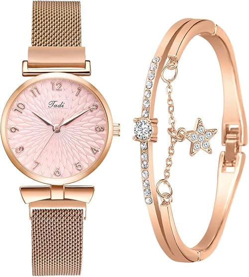 Womens Watch Gifts Set with Bracelet Rose Gold for Lady Female Elegant Luxury Wrist Watches Ladies Stylish Bracelet Watches on Amazon.ae - Price Tracker