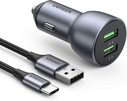UGREEN Car Charger Fast Charging 36W 2Ports, with USB A to USB C Cable | 2 Ports for all USB-C/A devices,For all 12-24V Vehicles,Lightweight design,travel-ready,Intelligent safety protection - متتبع أسعار Amazon.sa