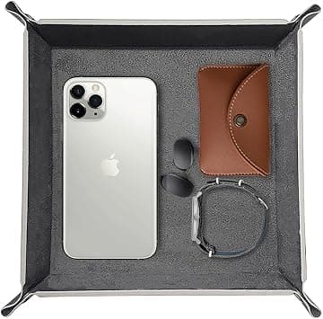 LEART Leather Valet Tray Organizer for Men and Women - Home and Office, Desk and Bedside Catchall holder for Wallets, Jewelry, Watches, Keys, Mobile, Cosmetics, TV Remote (Black) على Amazon.ae - متتبع الأسعار