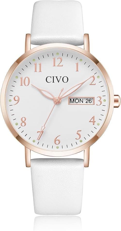 CIVO Ladies Watches for Women Leather: White Analog Easy to Read Large Face Date Wrist Watch Waterproof Fashion Simple Elegant Quartz Watch على Amazon.ae - متتبع الأسعار