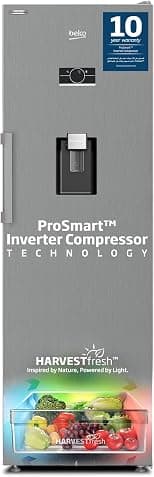 Beko Upright Refrigerator 447 Liters Gross(365 Net), Single Door, Titanium Inox colour,low noise, No frost, Reversible Door, Harvest fresh, 10 yrs Warranty on ProSmart Inverter Compressor,RLNE500DX - Best Deal Finder