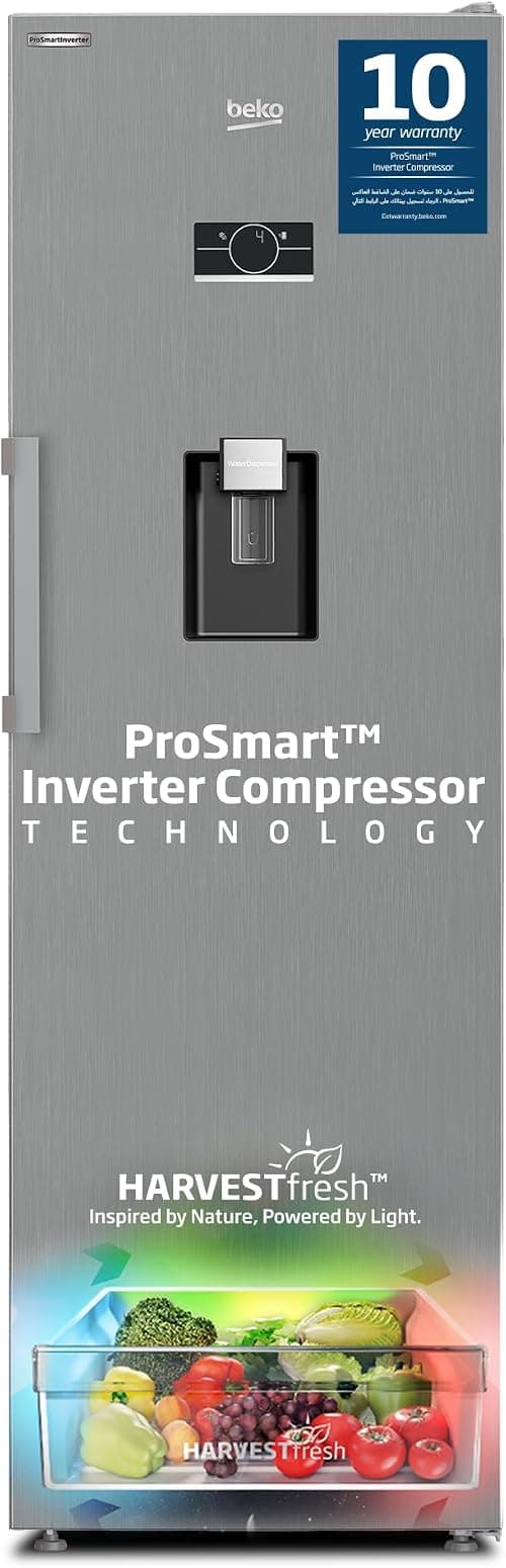 Beko Upright Refrigerator 447 Liters Gross(365 Net), Single Door, Titanium Inox colour,low noise, No frost, Reversible Door, Harvest fresh, 10 yrs Warranty on ProSmart Inverter Compressor,RLNE500DX on Amazon - Best Deal Finder