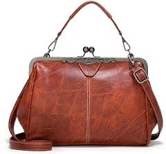 Segater Women Retro Hollow Oil Wax PU Leather Handbag Kiss Lock Crossbody Purse Vintage Messenger Bag Tote - متتبع أسعار Amazon.sa