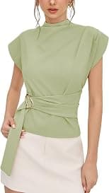 Yeokou Women Buckle Tie Top Stand Collar Belted Short Sleeve Elegant Summer Casual Blouse - Best Deal Finder