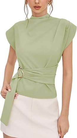 Yeokou Women Buckle Tie Top Stand Collar Belted Short Sleeve Elegant Summer Casual Blouse - Best Deal Finder
