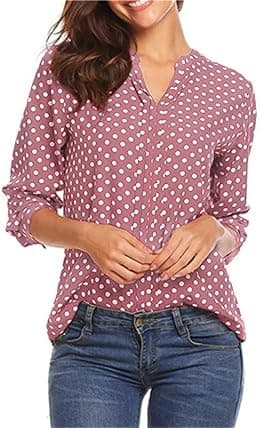 Women's Henley Shirts Polka Dot Print 3/4 Sleeve V-Neck Tops Blouse Casual Office Tunics - Best Deal Finder
