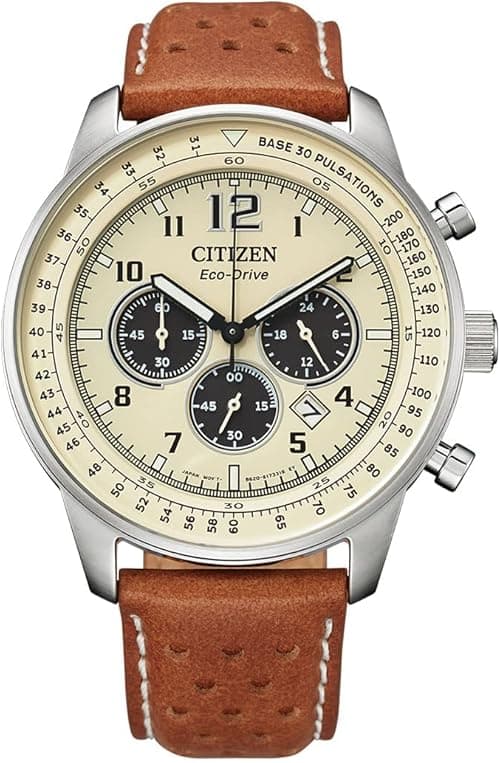 Citizen Eco Drive Chronograph Beige Dial Brown Leather Men's Watch CA4500 16X, brown, bracelet on Amazon.ae - Price Tracker
