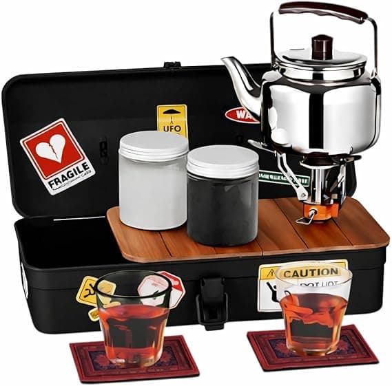 Portable Camping Tea Set with Metal Storage Box, Kettle, Mini Gas Stove & Cups – Outdoor Tea & Coffee Kit for Camping & Desert Trips | عزبة شاي للتخييم مع صندوق معدني وإبريق وموقد غاز on Amazon.ae - Price Tracker