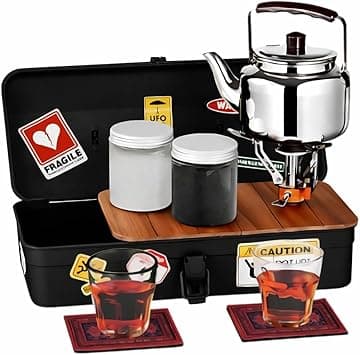 Portable Camping Tea Set with Metal Storage Box, Kettle, Mini Gas Stove & Cups – Outdoor Tea & Coffee Kit for Camping & Desert Trips | عزبة شاي للتخييم مع صندوق معدني وإبريق وموقد غاز - Amazon.ae Price Tracker