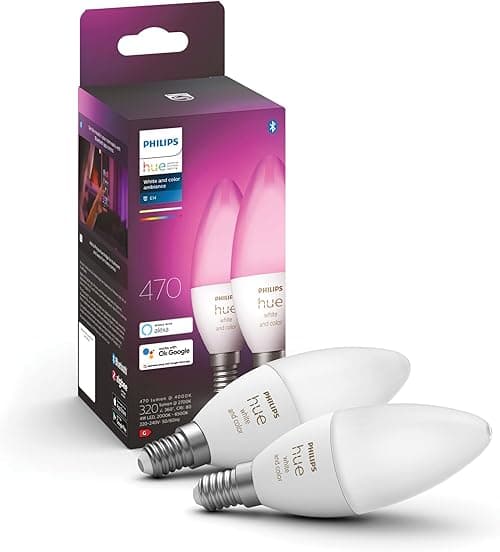 Philips Hue White & Colour Ambiance E14 Smart LED Candle Bulbs (2‑Pack) – 470 lm, Voice Control, Bluetooth & App, Works with Alexa, Google Assistant & Apple HomeKit,929002294205 on Amazon.ae - Price Tracker