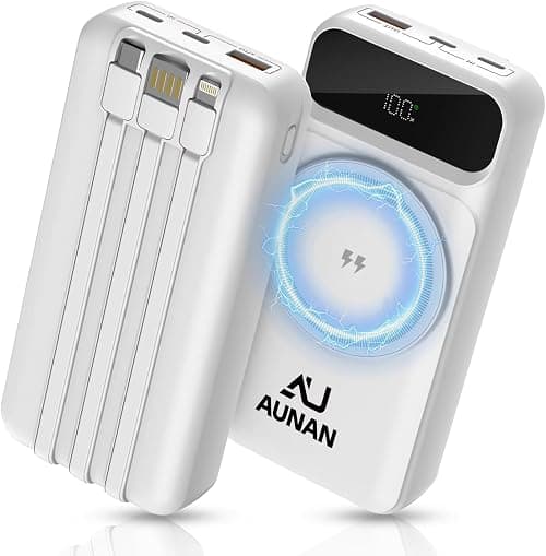 Magnetic Power Bank 20000mAh, Portable Charger 22.5W Fast Charging, Wireless Charger with 4 Built-in Cables, LCD Display, for iPhone 16 Pro Max/15/14 Pro Max, Android, Tablets & More, White on Amazon.ae - Price Tracker
