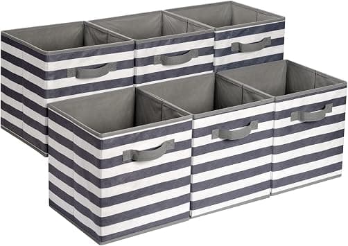 Amazon Basics Collapsible Fabric Storage Cube/Organiser with Handles, Pack of 6, Awning Stripe White/Light Grey, 26.6 x 26.6 x 27.9 cm - متتبع أسعار Amazon.sa