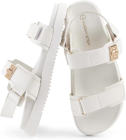 LUCKY STEP Women's Flat Sandals Casual Open Toe Beach Sandals Adjustable Double Strap Summer Sandals,White,40EU | Adjustable Double Strap Summer Sandals on Amazon.ae - Price Tracker