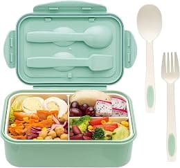 YumLock Bento Box, 3 Compartments 1402ml Lunch Box For Kids and Adults with Reusable Spoon and Fork, Leakproof Food Container for On the Go Meal, Microwave Safe (Green) - Best Deal Finder
