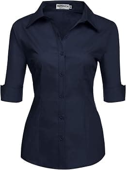 HOTOUCH Womens Blouse Cotton Shirt 3/4 Sleeve Formal Work Ladies Office Shirt Basic Fitted Shirts Button Placket Tops Short Sleeve V-Neck Top XS-XXL - Best Deal Finder